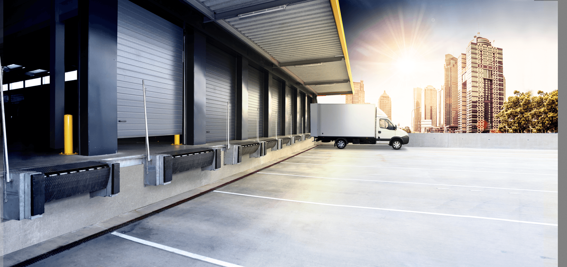 Delivery bus in front of a distribution centre with mini dock levelers
